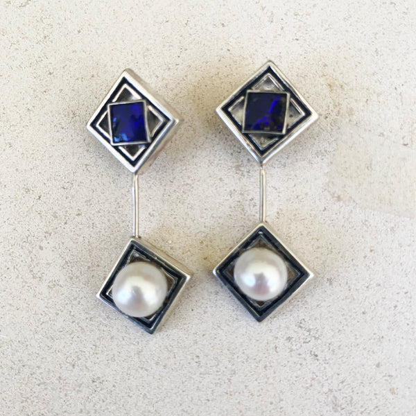 Blue boulder opal and pearl Giometria earrings
