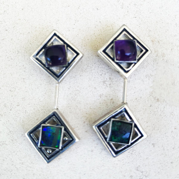 Blue-green boulder opal and amethyst Giometria earrings