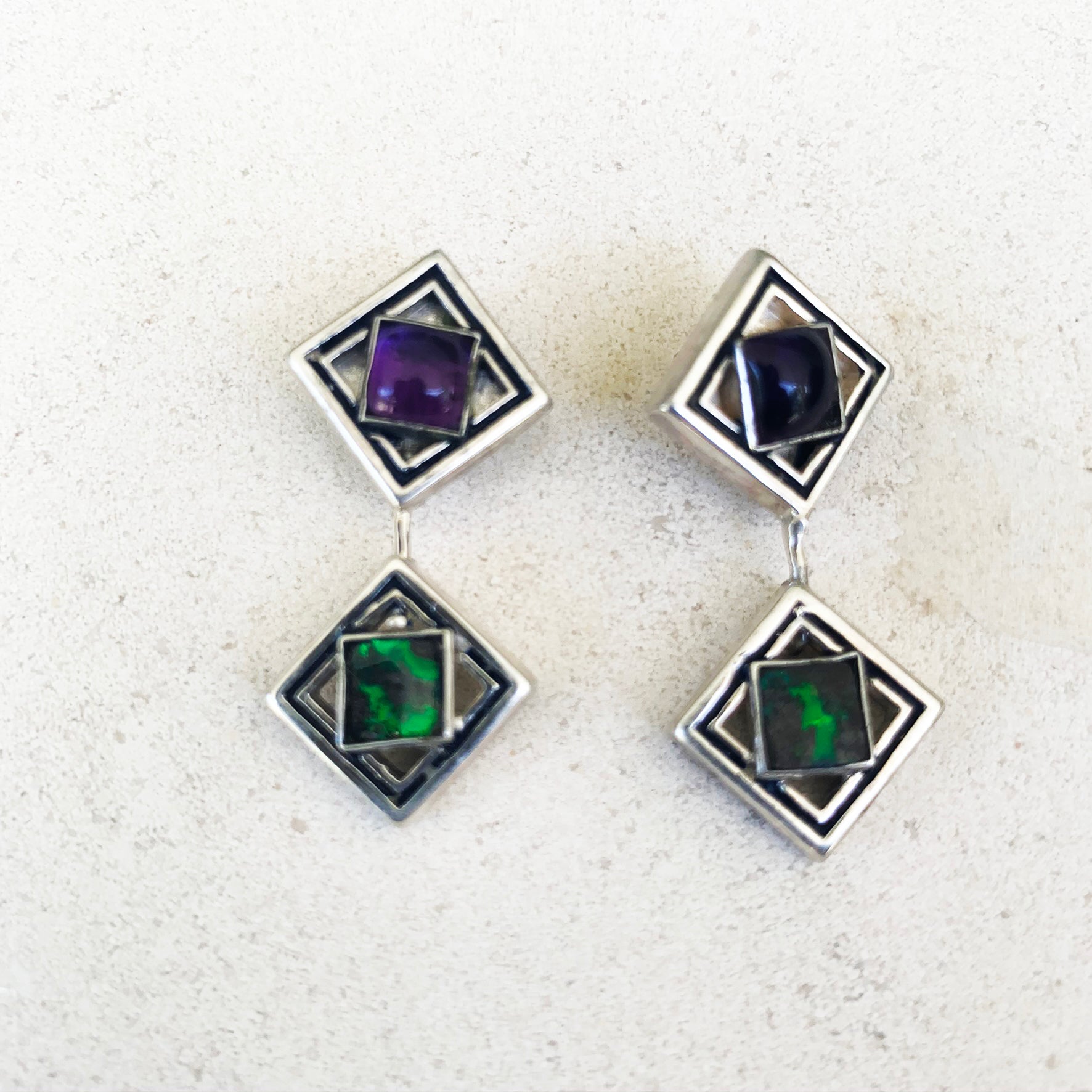 Green boulder opal and amethyst Giometria earrings