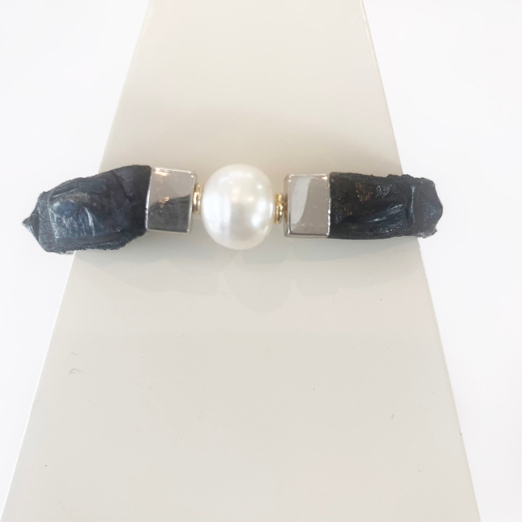 Black and ivory crocodile and black pearl bracelet
