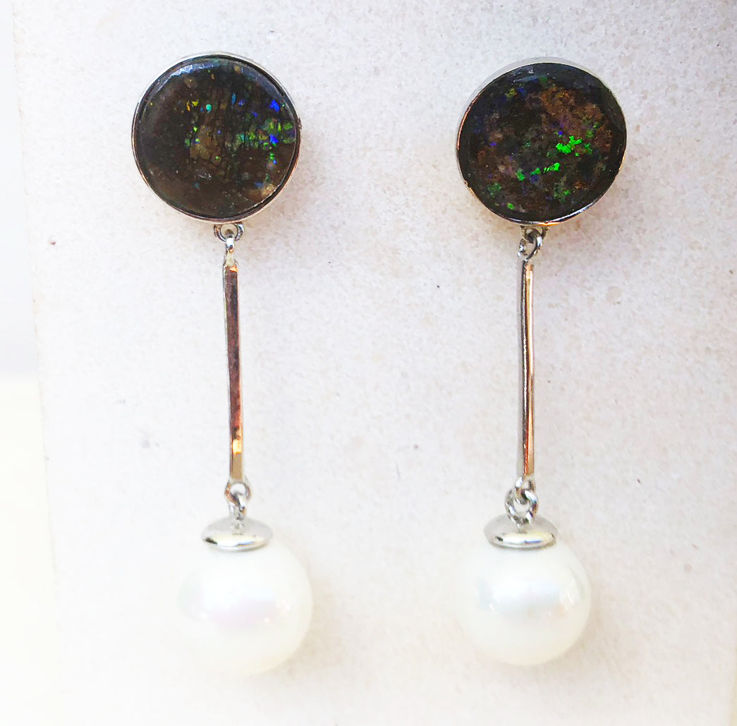 Boulder opal and pearl drop earrings